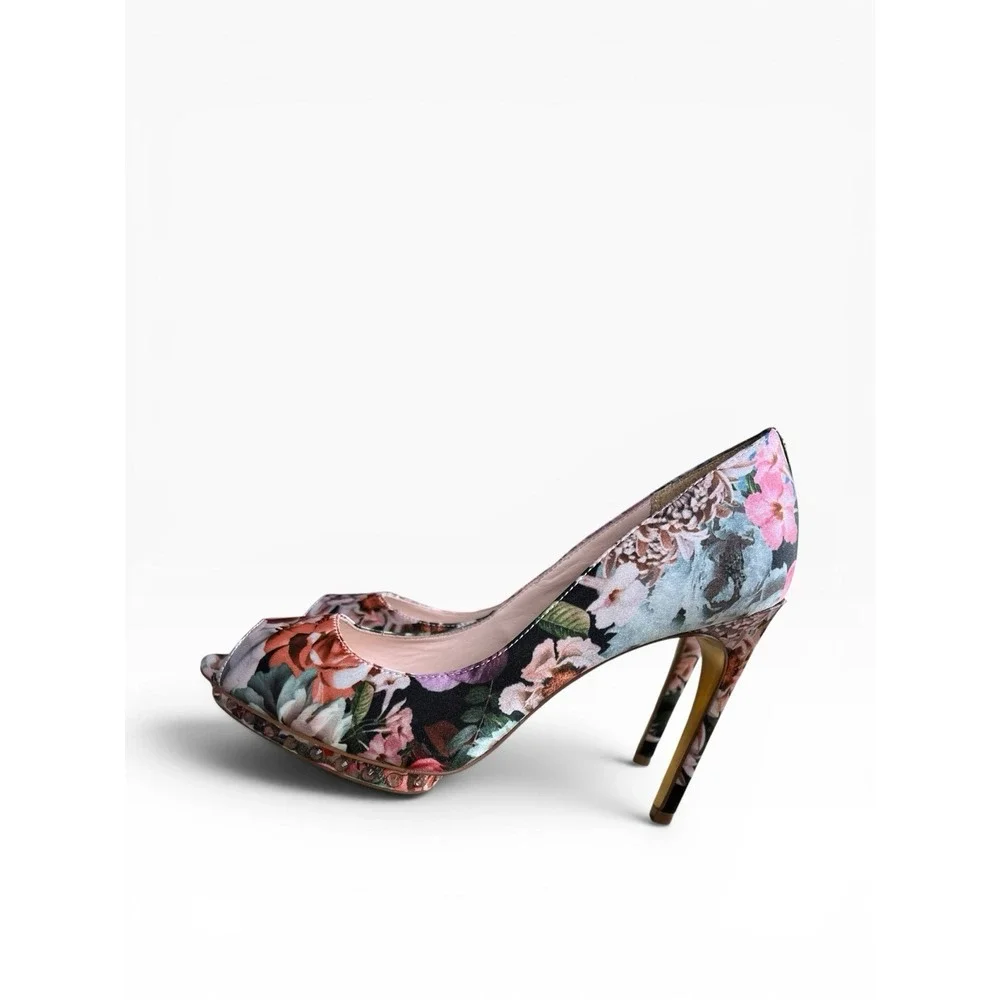 Ted Baker Leonar Floral Satin Peep Toe Platform Heels Rhinestone US 7.5 GORGEOUS